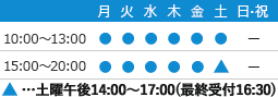 10:00～13:00、15:00～20:00土曜午後14:00～17:00(最終受付16:30)