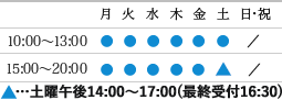 10:00～13:00、15:00～20:00土曜午後14:00～17:00(最終受付16:30)